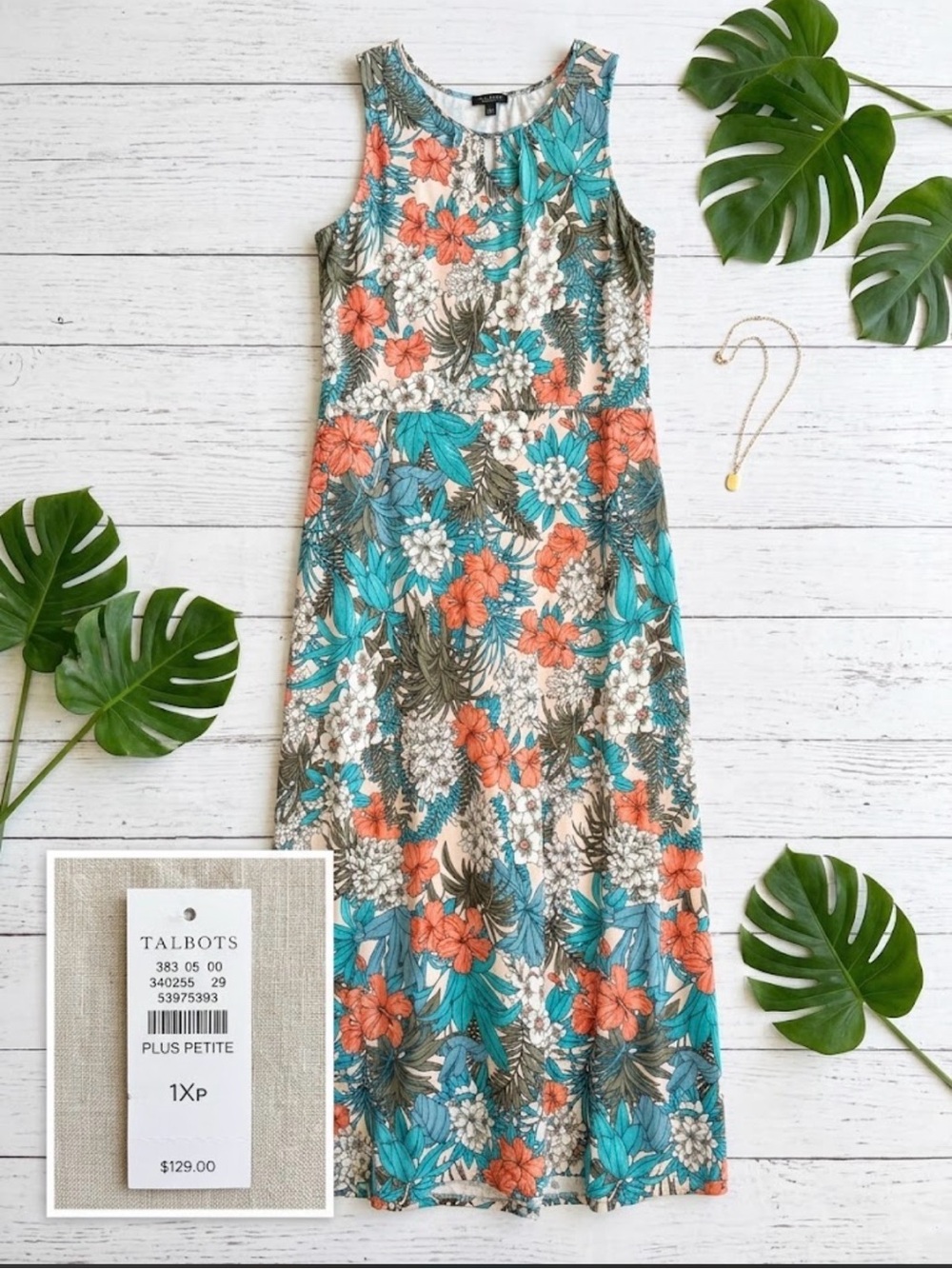 Talbots Coral & Teal Floral Tank Midi Dress